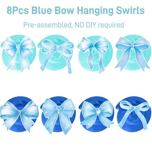 Blue Bow Birthday Banner Garland with Hanging Swirls for Baby Blue Bow Party Decor Coquette Birthday Decorations
