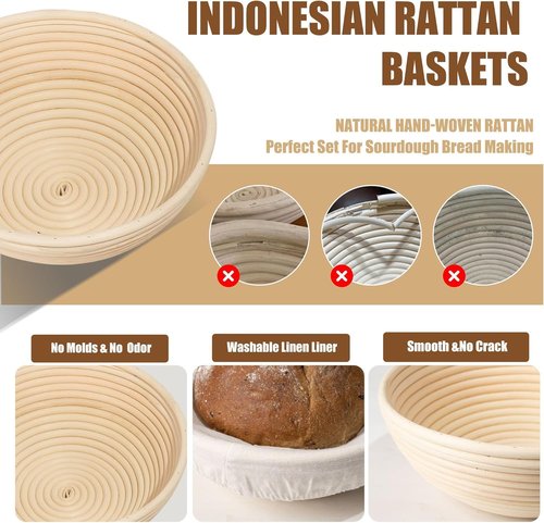 Banneton Bread Proofing Basket, XOHUYD Sourdough Bread Baking Supplies, 9" Round Sourdough Starter Kit, Bread Baking Supplies with Sling, Baking Mat, Natural Rattan Proofing Baskets Set of 2