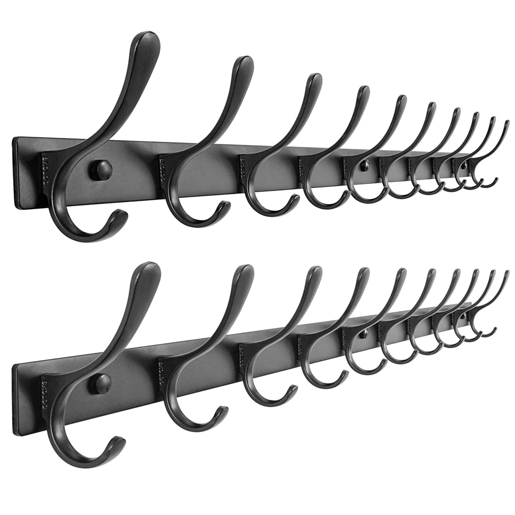 SKOLOO Coat Rack Wall Mounted - 10 Hooks, Pack of 2, Heavy Duty, Stainless Steel, Metal Wall Hanger, Sturdy Coat Hooks for Hanging Coats, Jacket, Clothes, Hat, Black