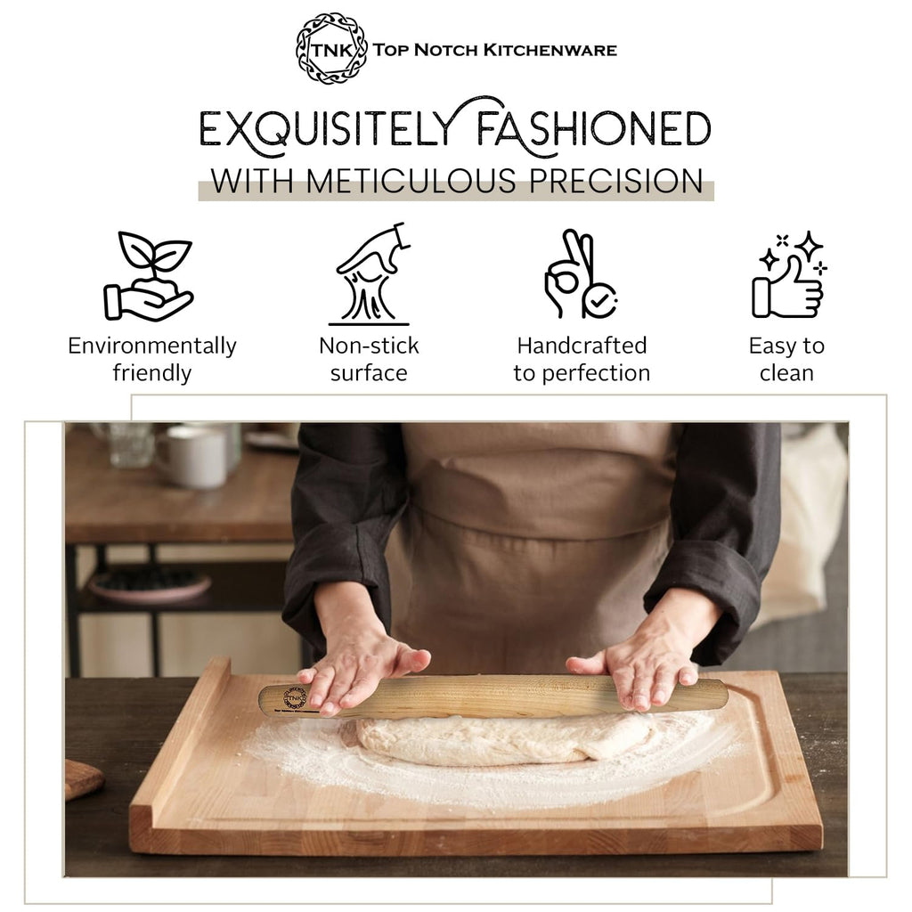 Top Notch Kitchenware | Sugar Maple French Style Rolling Pin | Tapered Solid Wood Design | Perfect for Baking Enthusiasts | Dough Roller | USA Made