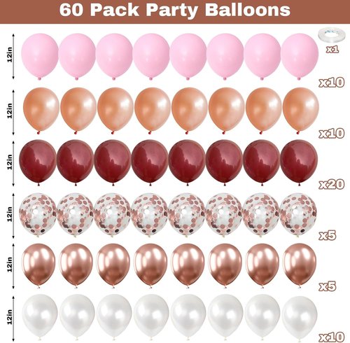**Skiennix 60-Pack Burgundy Red & Pink Balloons - 12-Inch Latex & Metallic Confetti for Parties**