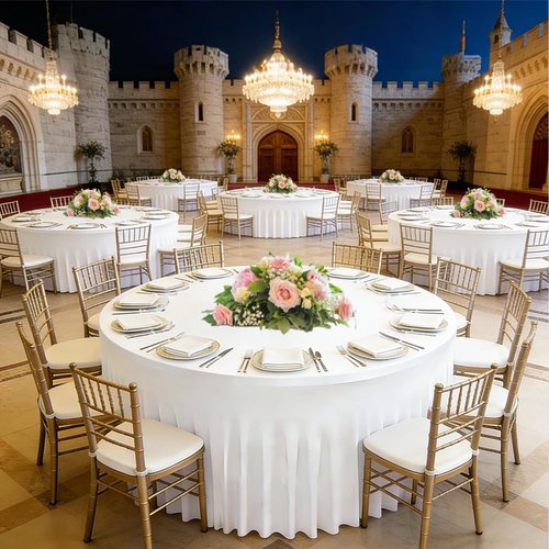 8 Pack White Spandex Round Tablecloths for 60inch Tables, 120 Inch Stretchy 5ft Round Fitted Tablecloth, Wrinkle Free Table Cloths Washable Table Covers with Skirt for Wedding Party Birthday Banquet