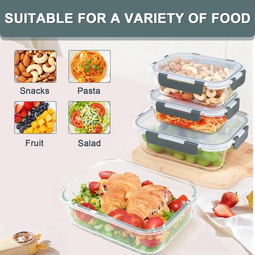 KOMUEE 4 Pack 52oz+22oz Glass Food Storage Containers Set with Airtight Lids, BPA-Free & Leak Proof, Ideal for Meal Prep, Freezer, Microwave, Oven and Dishwasher Safe