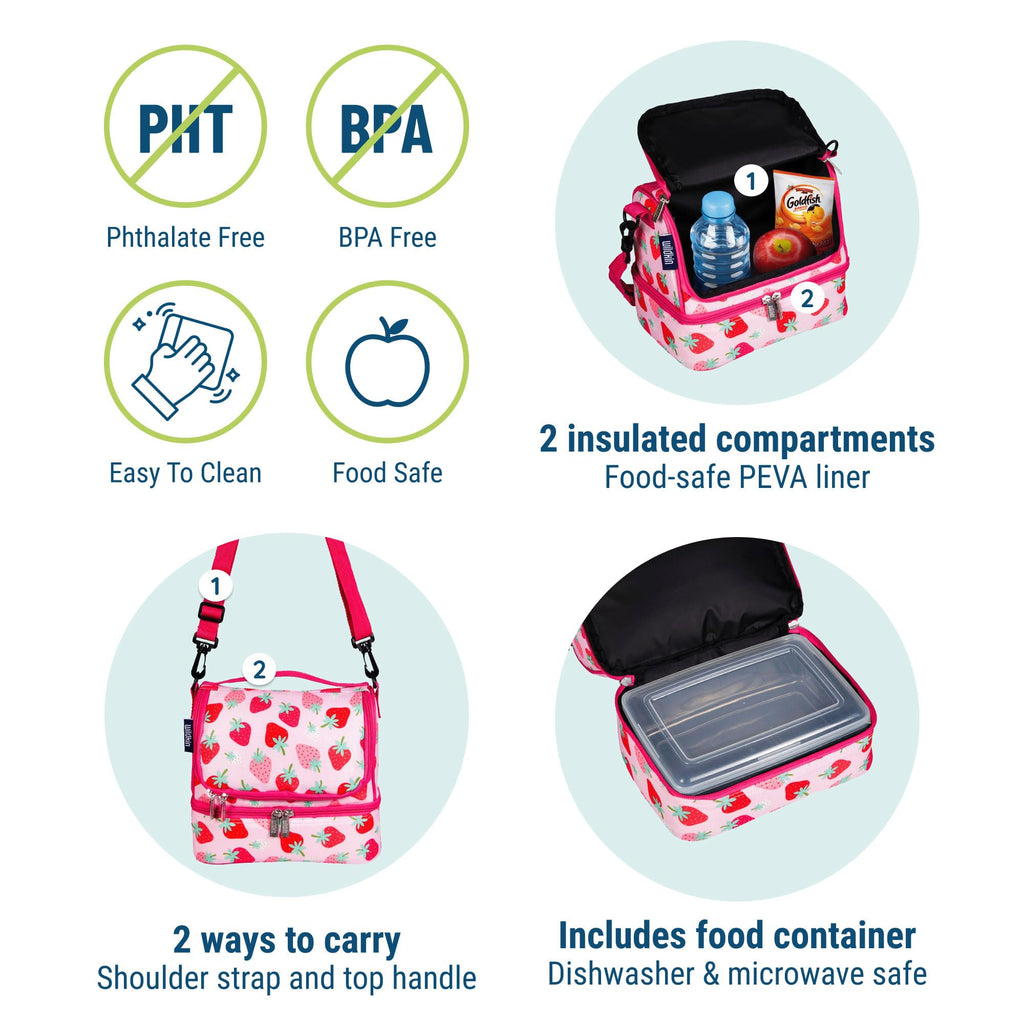 Wildkin Two Compartment Insulated Lunch Bag for Kids – School & Travel Ready - Strawberry Patch