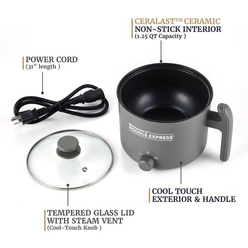 Elite Gourmet NOODLE EXPRESS Electric Hot Pot, Prepare Noodles, Soups, Stews, Cool-touch Handle, Ceralast™ PFAS-Free Ceramic Non-stick, Tempered Glass Lid, 2 Heat Settings-High/Low, Grey