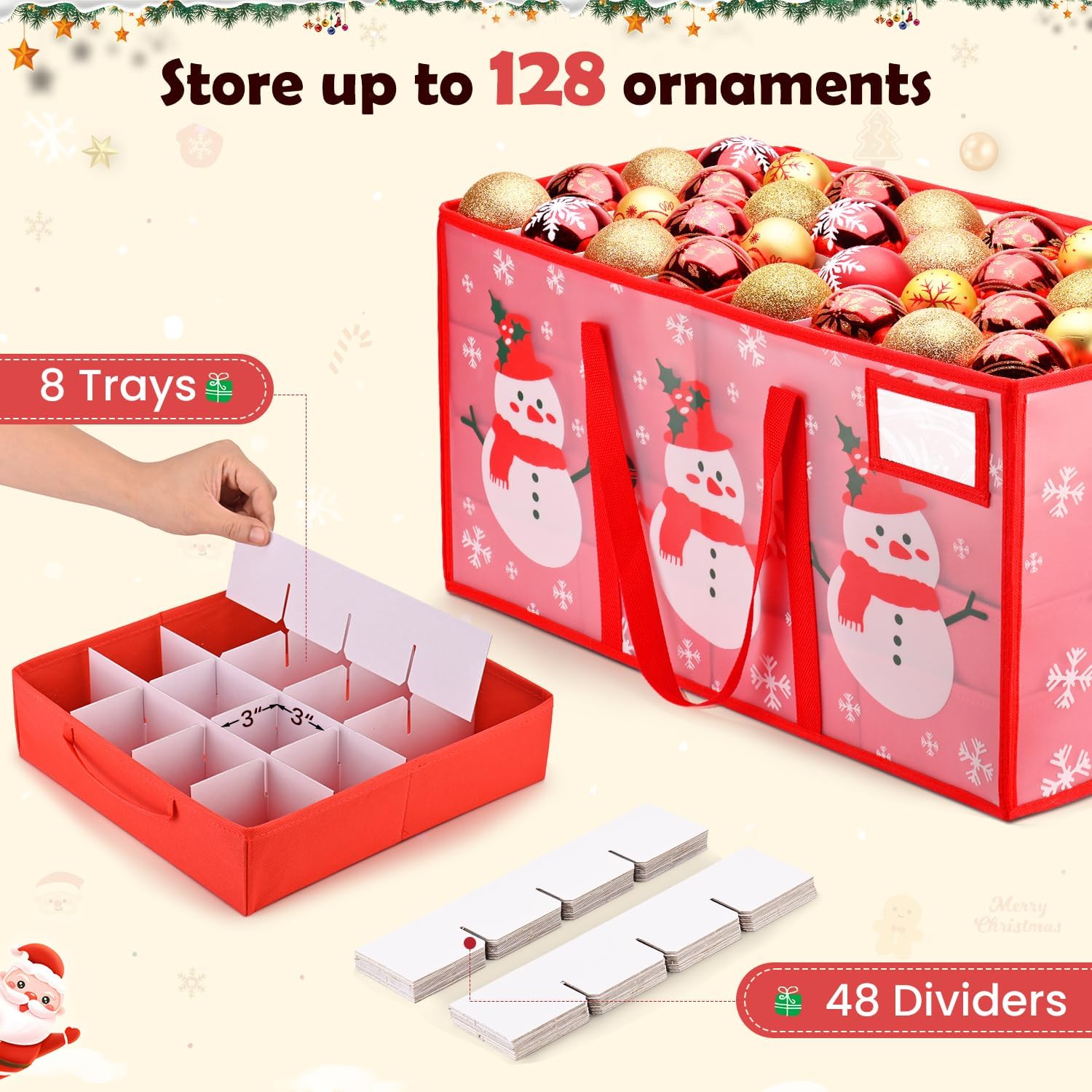 Regine Switzerland Christmas Ornament Storage Box - Waterproof Organizer with Adjustable Dividers | Holds 128 Ornaments