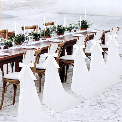 HunnmingRe Wedding Chair Sashes - 24 Sets of White Tulle Ribbons for Aisle Decor & Ceremony