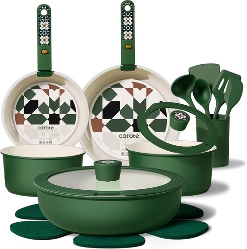 CAROTE 19-Piece Ceramic Cookware Set - Non-Stick, Non-Toxic, Detachable Handle | Induction & Dishwasher Safe, Green