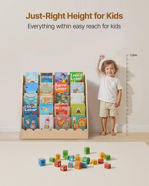 VEVOR 5-Tier Montessori Bookshelf, Scalloped Kids Bookcase, Wooden Book Shelf with 2 Dual Hooks, Daycare Furniture Display Bookshelf for Bedroom, Living Room, Entryway, Nursury, Preschool