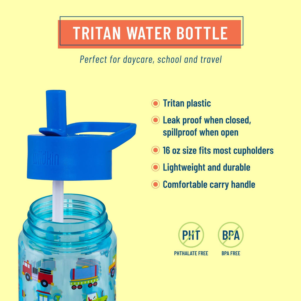 Wildkin 12-Inch Kids Backpack Bundle with 16 oz Reusable Water Bottle – Durable, Lightweight School & Travel Set - Trains, Planes & Trucks