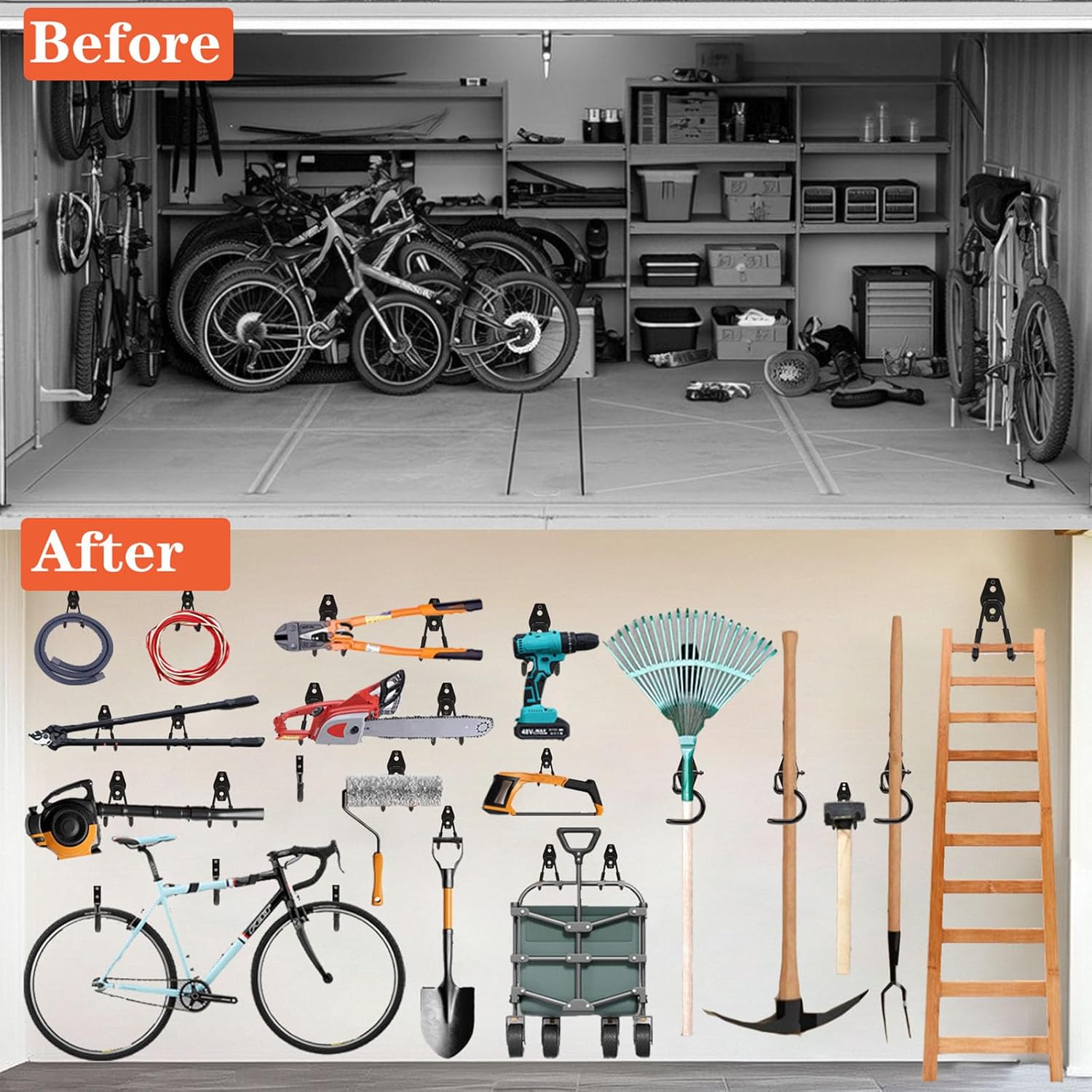 TocTen Garage Hooks - Heavy Duty Solid Steel Wall Mount Storage Kit | 14 Pack with Anti-Slip Coating for Tools & Ropes (Black)