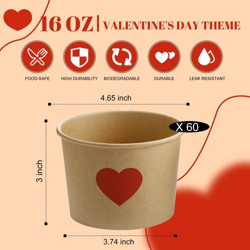 Hsei 60 Pcs 16oz Valentine's Day Disposable Soup Bowls Heart Ice Cream Cups Snack Paper Bowls Dessert Sundae Yogurt Cups Hot Cold Drink for Holiday Party Supplies