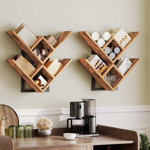 HOOBRO Floating Shelves for Wall, Set of 2 Wall Mounted Shelves, 2-Tier Wooden Tree Bookshelf, Hanging Shelves Storage Rack, for Living Room, Kitchen, Office, Rustic Brown and Black BF54BJP201