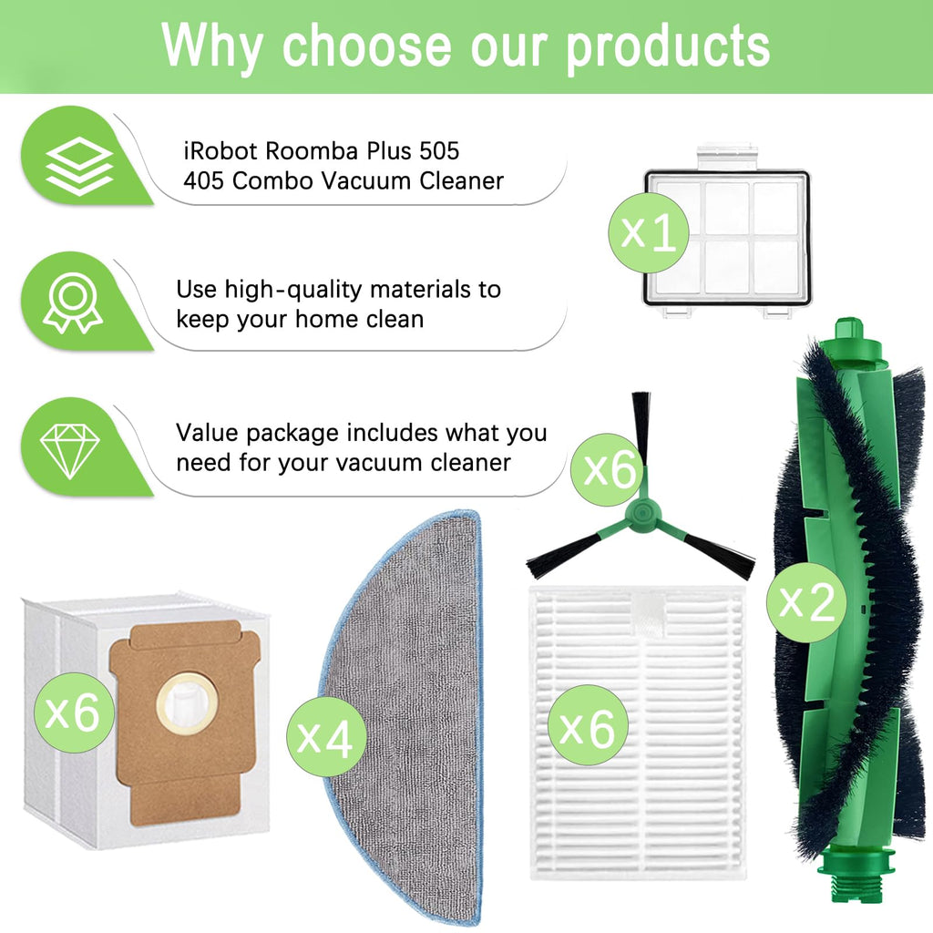 Replacement Parts Accessories Compatible with iRobot Roomba 104,105 Vac/Combo,Q052 Vac/Combo Q0520 105 Essential Vacuum Cleaner,2 Roller Brushes 6 Filters 1 Pre-Filter 4 Mop Pads 6 Side Brushes 6 Bags