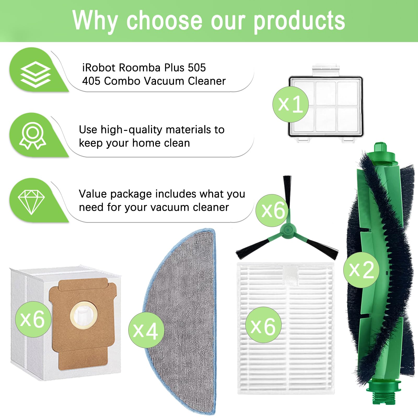 Replacement Parts Accessories Compatible with iRobot Roomba 104,105 Vac/Combo,Q052 Vac/Combo Q0520 105 Essential Vacuum Cleaner,2 Roller Brushes 6 Filters 1 Pre-Filter 4 Mop Pads 6 Side Brushes 6 Bags