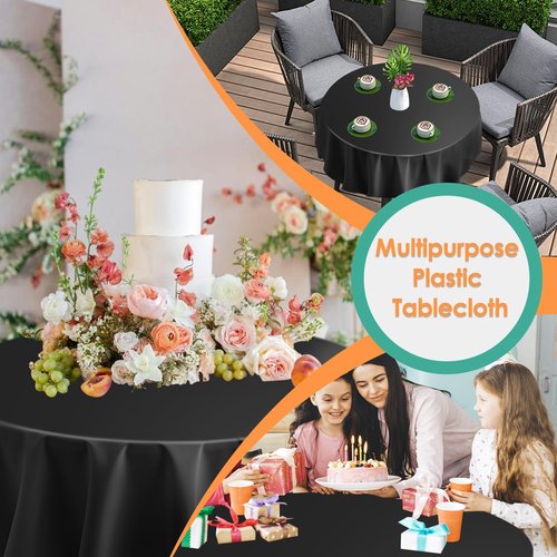 Black 12-Pack Plastic Tablecloths - 84" Round Disposable Table Covers for Parties and Events