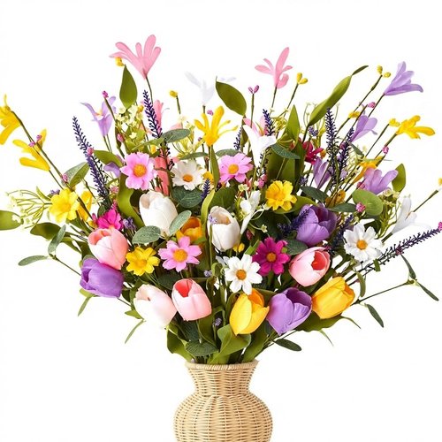 Worthyeah 12 Pack Spring Decorations for Home, 4 Colors Flowers Artificial for Decor, 17 Inch Flores Artificiales para Decoracion with Tulips, Daisy and Forsythia for Spring Summer Decor