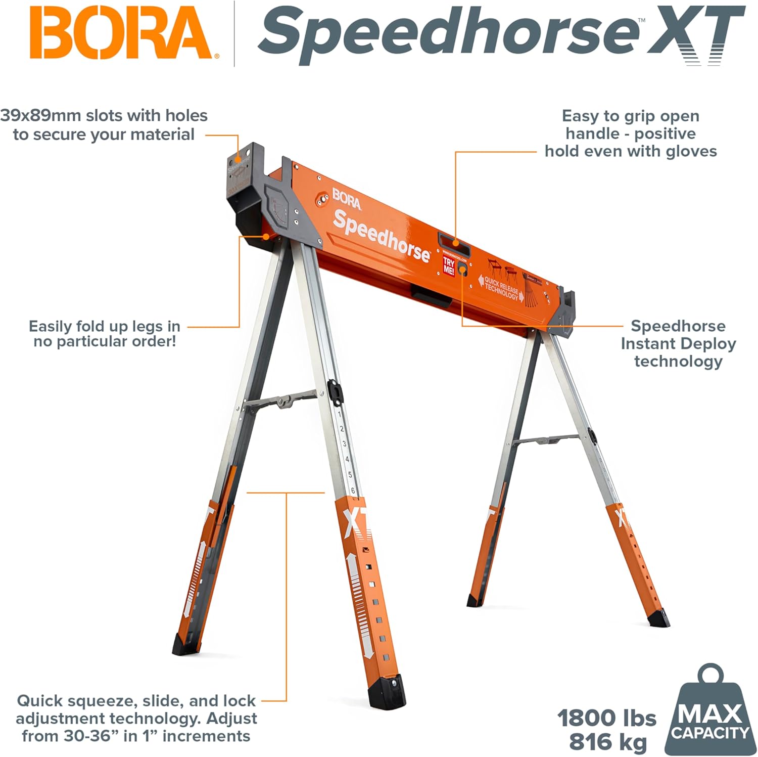 Bora Portamate Speedhorse XT Sawhorse Pair - Heavy-Duty Adjustable 30-36 Inch Legs | Metal Top for 2x4s
