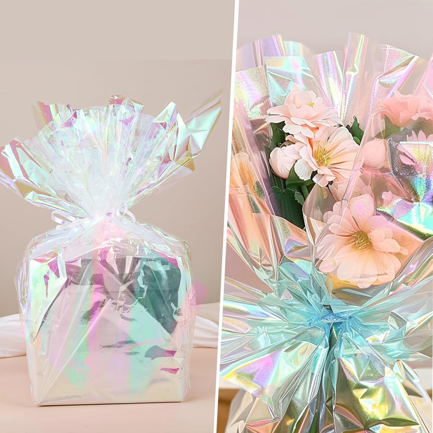 woric 82 Ft X 17 In Cellophane Wrap for Gift Baskets Easter Iridescent Cellophane Wrap Roll Gift Basket Wrapping Plastic for Easter Gifts Basket Stuffers Treats Party Favor Birthday Wedding Crafts