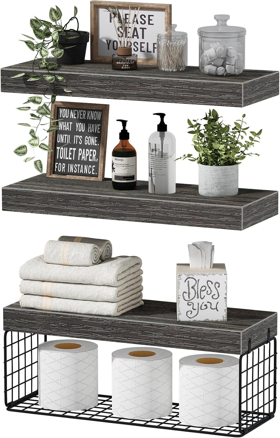 QEEIG Bathroom Shelves | Over Toilet Wall-Mounted Floating Storage - Set of 3 Grey 16-Inch Farmhouse Decor