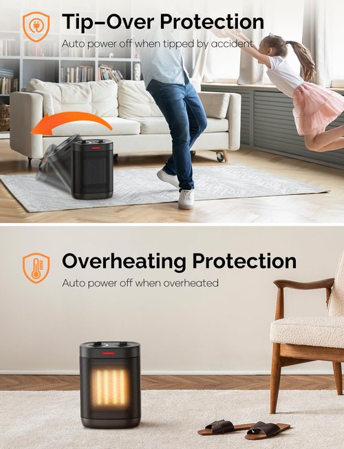 1500W PTC Ceramic Space Heater For Indoor Use, Portable Electric Heater with Adjustable Thermostat, Personal Office Heater with Overheat Tip-over, Small Safe for Indoor Home Bedroom