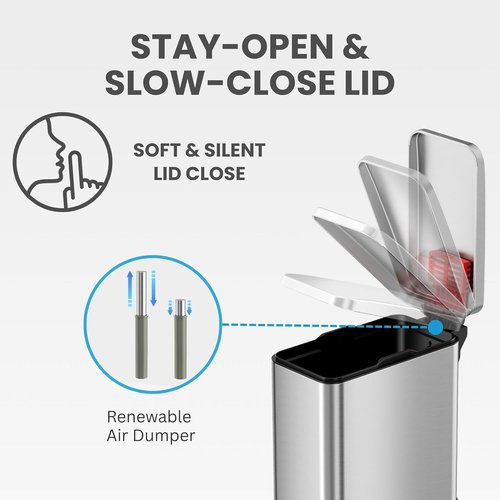 iTouchless 3 Gallon Stainless Steel Trash Can - Soft-Step Lid & Deodorizer | Fingerprint-Proof, Silver