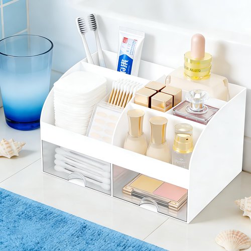 Makeup Organizer with 2 Drawers, Cosmetic Storage for Dresser Vanity and Bathroom Countertop,Make up organization and Skincare Storage with Beauty Brush Holder, Cosmetic Display Case (White)