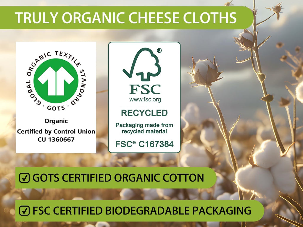 Organic Cheese Cloths - GOTS Certified 100% Cotton Muslin | 2PCS 20x20 Inch Reusable Fine Mesh for Straining