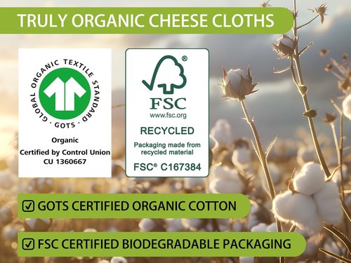GOTS Certified Organic Cheese Cloths - 100% Cotton Unbleached Muslin | 6PCS, 20x20 Inch, Reusable Fine Mesh