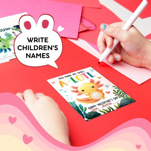 HUNIGIFT Axolotl Valentines Day Exchange Card, 36 Packs for Kids, School, Party Favors - Axolotl Valentine Cards, Animal Valentines Day Cards - 3.2''x 4.7'' Cute 6 Designs with Envelopes, Stickers
