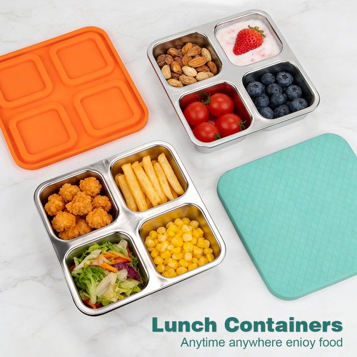 SUMERX 2 Pack Snack Box Containers Set, Stainless Steel 4 Compartment Lunchable Container, Reusable Food Storage Containers with Lids for Travel, Outdoor, Camping, Work(Orange/Blue)