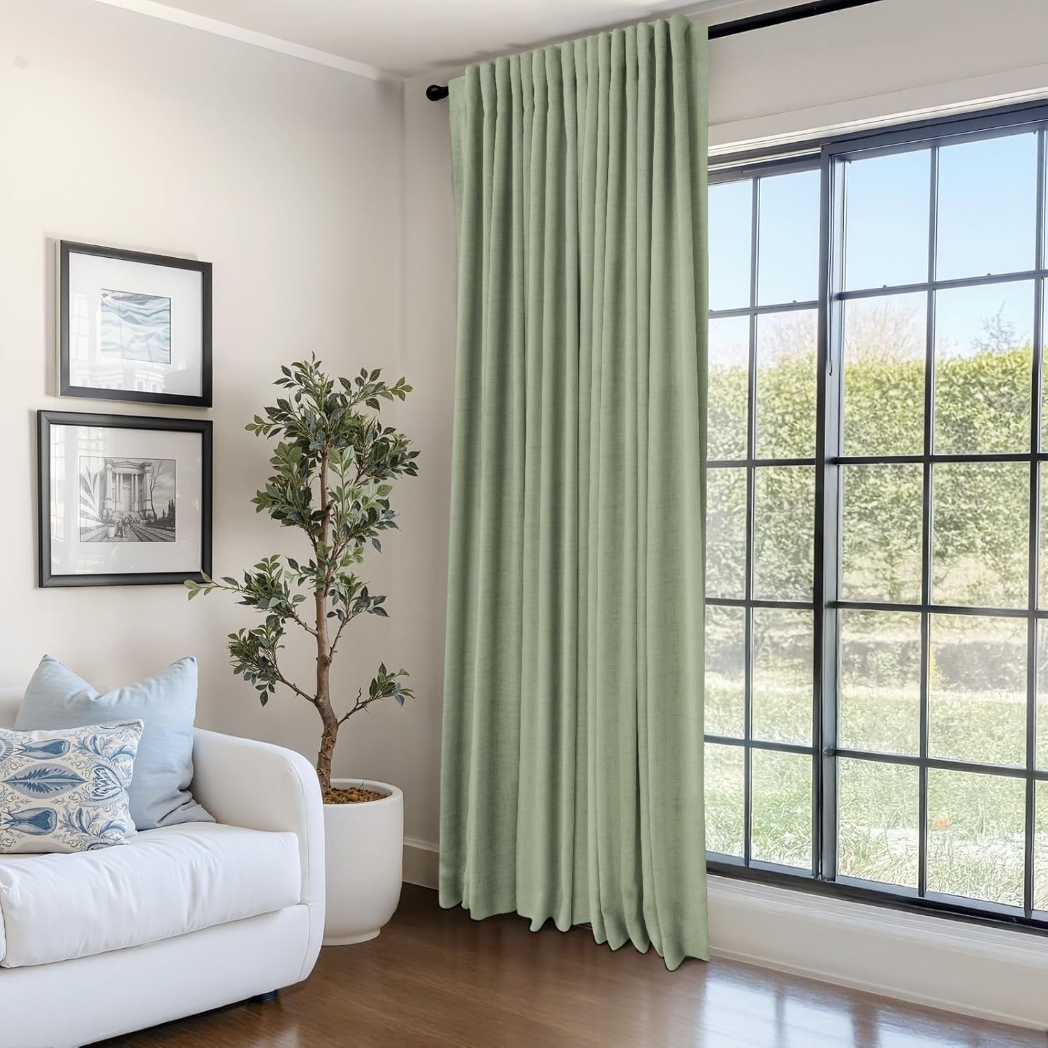 Skiennix 100% Blackout Linen Curtains - Thermal Insulated Drapes, 1 Panel Set, 100" W x 90" L, Sage