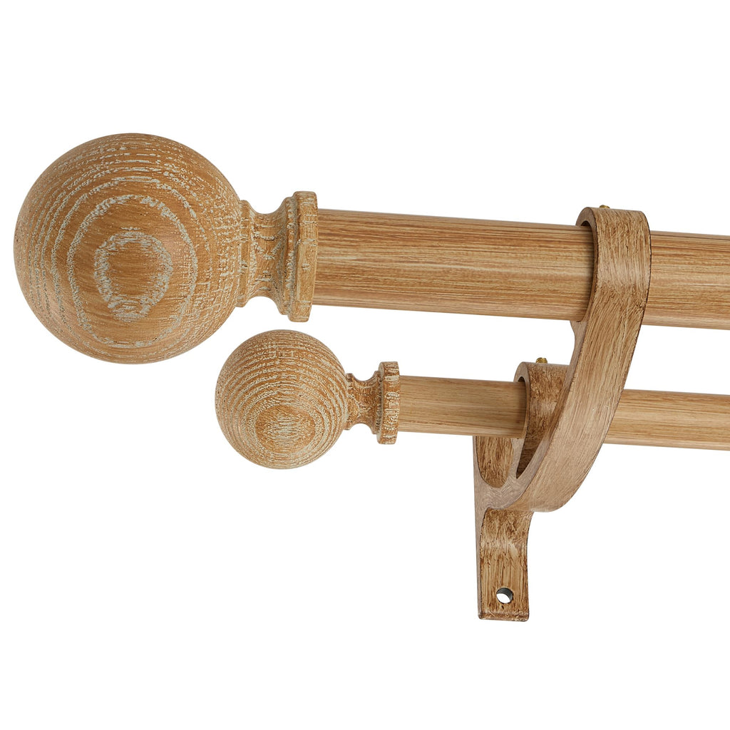 Double Wooden Curtain Rods for Windows 72 to 144 Inches,1 Inch Front and 5/8 Inch Back Boho Curtain Rod with Imitation Wood Grain Ball Finials and Double Aluminum Bracket,Light Wood Grain