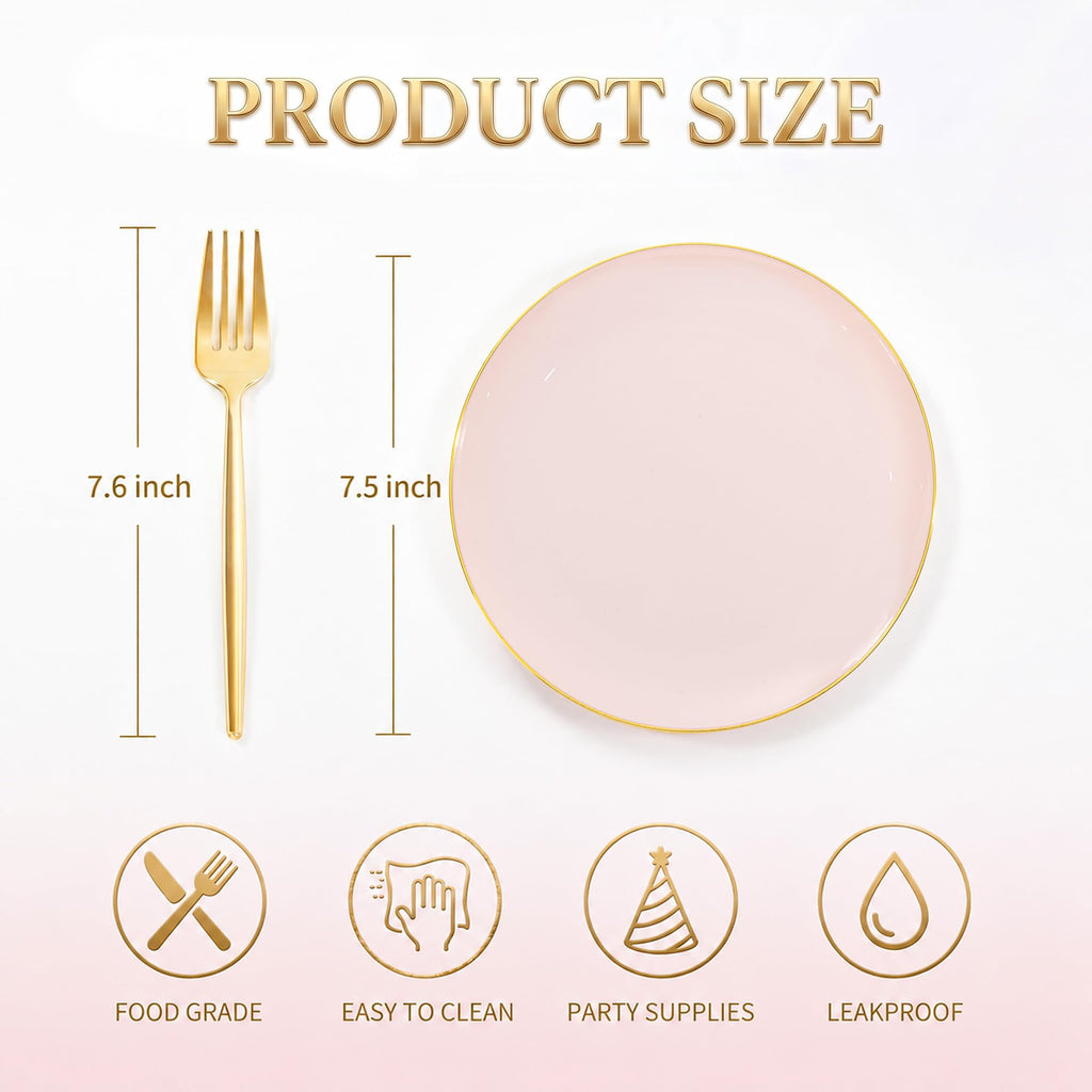 Rubtlamp 200Pcs Plastic Pink Dessert Plates with Disposable Gold Forks,Heavy Duty Pink Disposable Salad Platos,Gold Small Platos,Fancy Appetizer Plates for Mother's Day