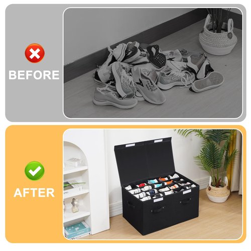 FBBABB Large Shoe Organizer for Closet Fits 20 Pairs, Shoe Storage Box Bins Containers with Lid and Adjustable Dividers for Shoes, Sneakers and High Heeled, Hard Shell and Stackable （Black）