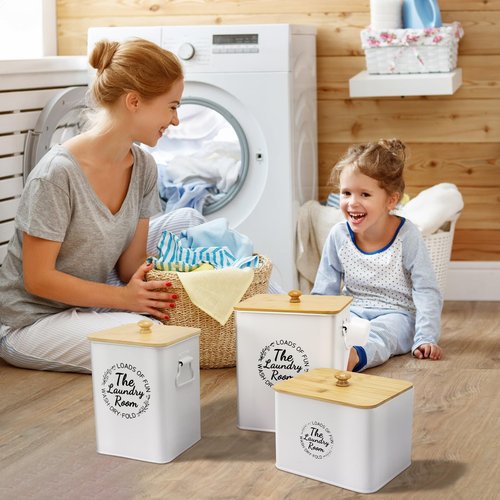 3 Pack Metal Laundry Pods Container & Dryer Sheet Holder Set, Farmhouse Laundry Room Organization and Storage Decor, Jars with Lids, Scoops & Labels for Detergent, Powder, Beads, Scent Booster