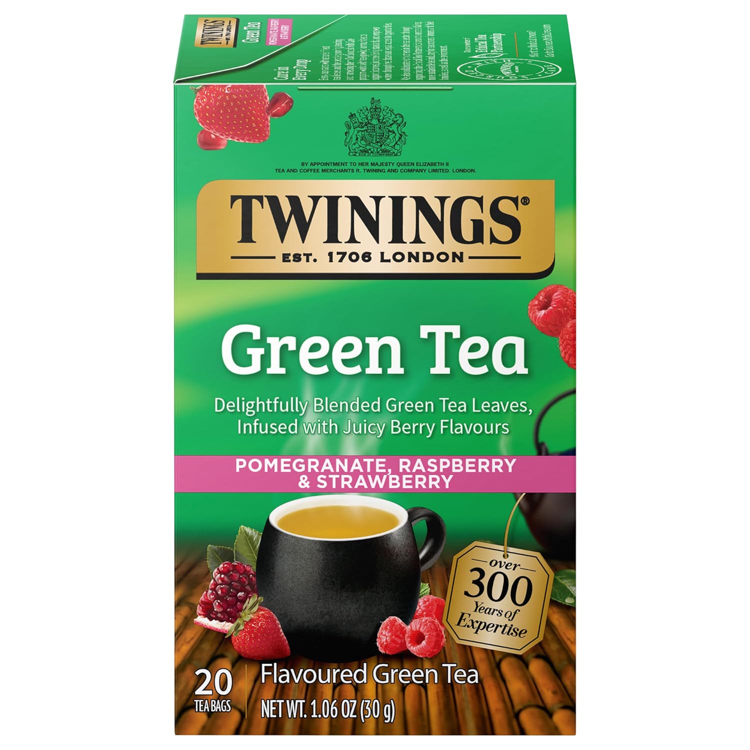 Twinings Green Tea - Pomegranate, Raspberry & Strawberry Flavor - 20 Individually Wrapped Bags