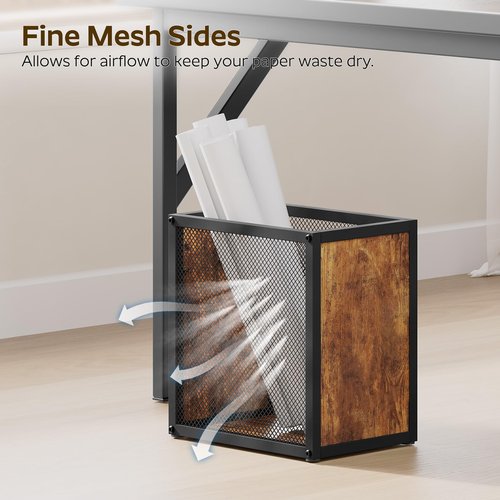 YATINEY Office Trash Can, 4 Gallon Garbage Can, Metal Wastebasket with Wood-Look Panels, Industrial Style Trash Can for Office, Study, Rustic Brown and Black WB03BR