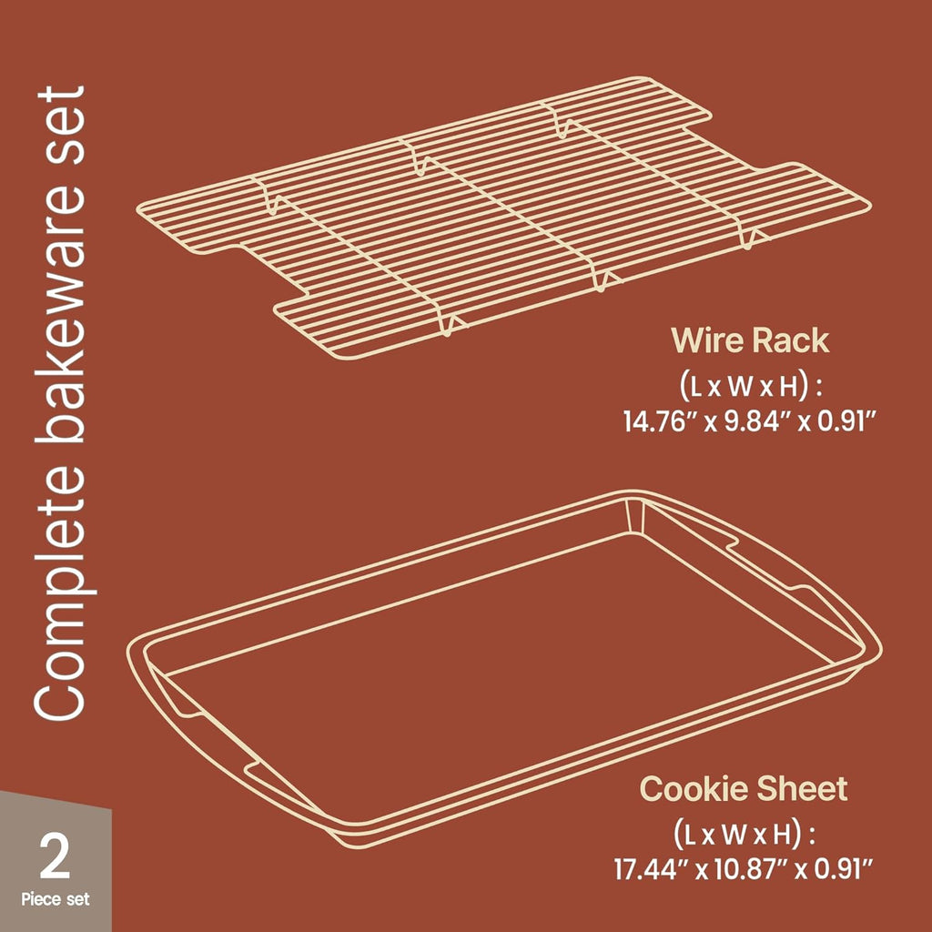 Regine Switzerland Nonstick Cookie Sheet Set - 2-Piece Brown Marble Carbon Steel Pan & Cooling Rack, Oven Safe Up to 450°F, Space-Saving Design