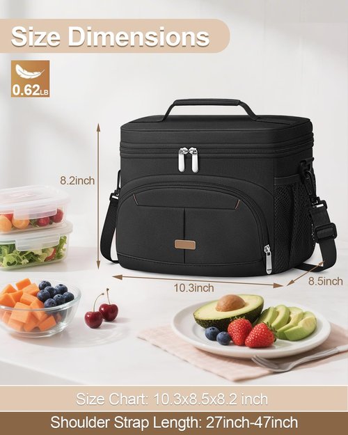 Pritent Lunch Box for Man Women, Insulated Lunch Bag Cooler Bag Leakproof Lunchbox Lunch Tote Bags with Removable Strap for Work School Picnic Travel (Black/12L