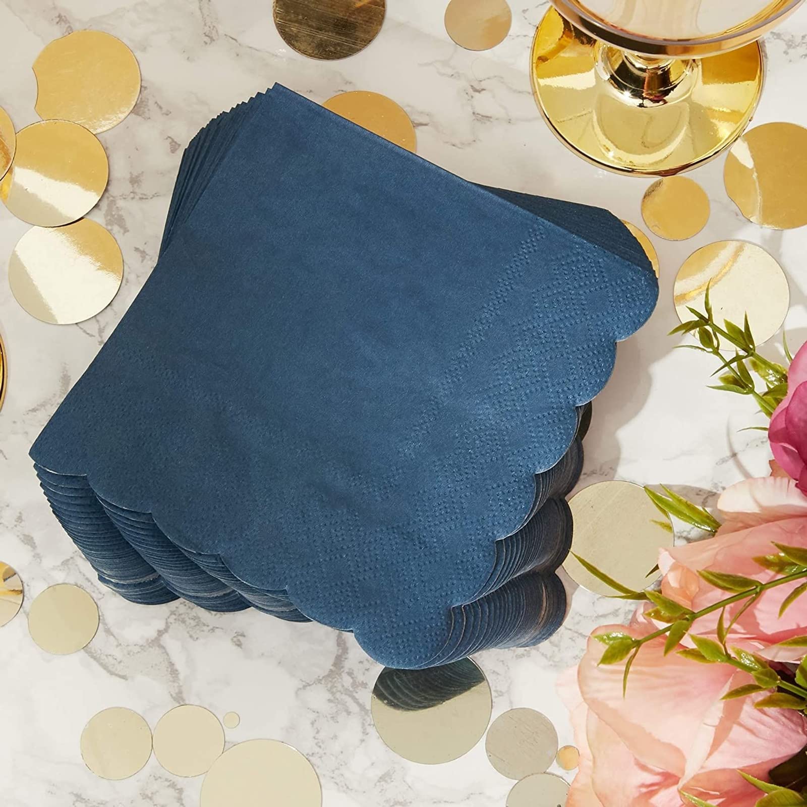 Juvale Navy Blue Napkins - 100 Count, 5 x 5 in, 2-Ply - Scalloped Cocktail - Party Napkins for Weddings Bridal Showers & Events