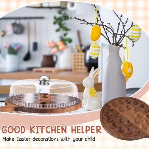 FillTouch Easter Acacia Wood Deviled Egg Platter with Lid and Handles 24 Holes Round Deviled Egg Tray Holder Reversible Wooden Charcuterie Board Serving Containers for Countertop Easter Party