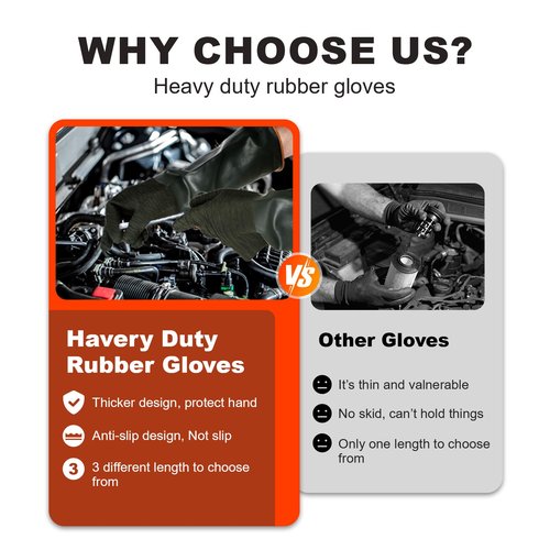 North Tower Heavy Duty Rubber Gloves, Industrial Gloves Waterproof Reusable Protective Work for Cleaning, Dishwashing, Upgraded with Non-Slip Design, Black(22in,1pair)