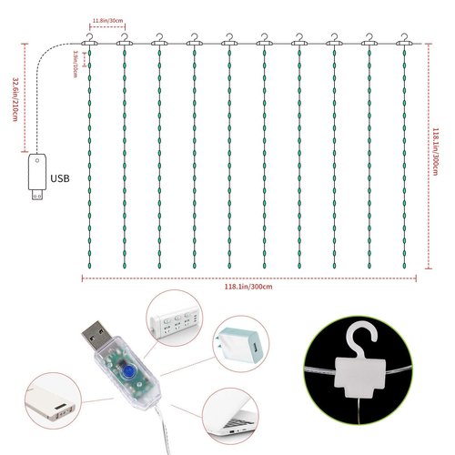 Hatstart 300 LED Twinkle Fairy Curtain Lights with Remote - 8 Lighting Modes, Hanging Warm String Light with USB Powered for Bedroom Wall, Wedding Backdrop and Christmas Party Window Decor