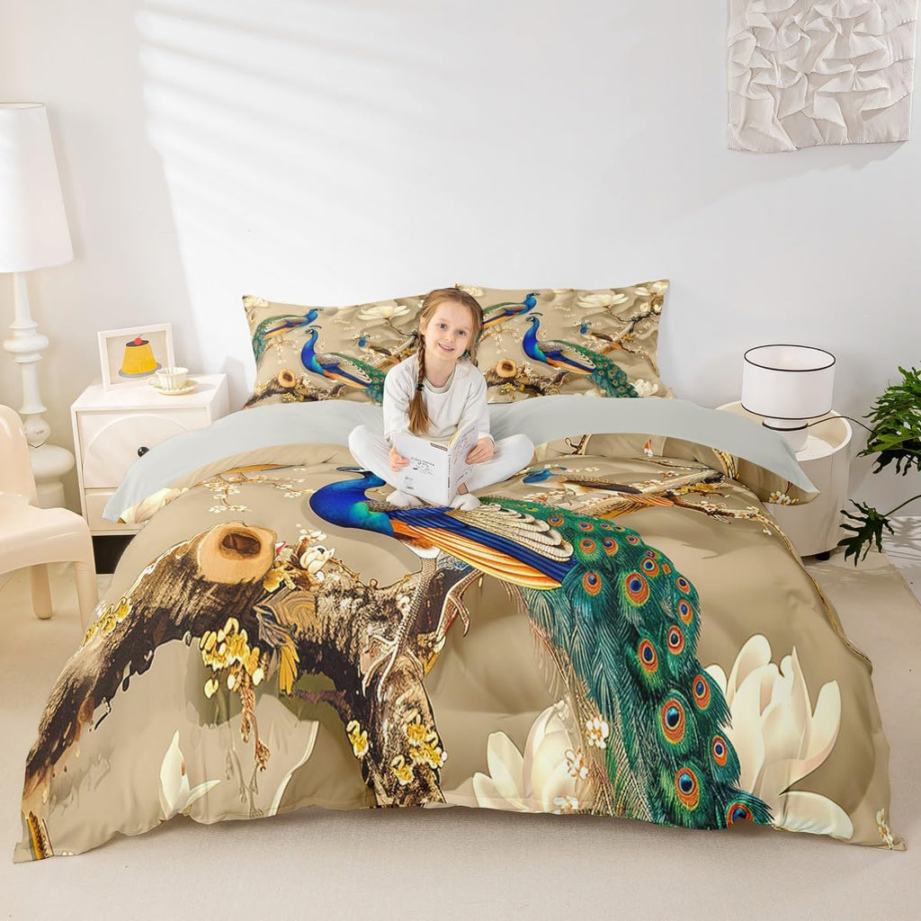 Feelyou Peacock Comforter Cover Set Peacock with Floral Bedding Set for Kids Adults Girls Animals Duvet Cover Botanical Bedspread 1 Duvet with 2 Pillowcases King Size (No Comforter)