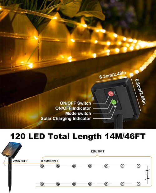 Btfarm Solar Rope Lights - 120 LED Waterproof 46FT Outdoor String Lights | 8 Lighting Modes for Garden, Party, Wedding Decor - Warm White