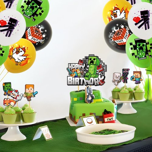 Pixel Birthday Party Decorations, Game Styled Gamer Party Supplies, lnclude Happy Birthday Banner, Balloons, Cake Toppers, Cartoon Party Celebrate Supplies