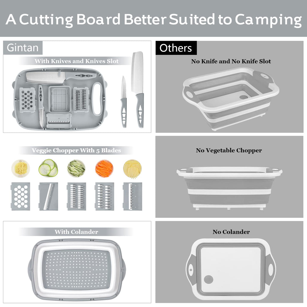 Gintan Camping Cutting Board, 9-in-1 Collapsible Chopping Board with Colander, Outdoor-Kitchen Vegetable Washing Basket for Campers, Camping Gifts Camping Accessories for RV Campers (Gray)