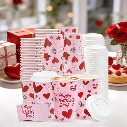 50 Pcs Valentine's Day Coffee Cups 16 oz Disposable Pink Red Heart Paper Drinking Cups Love Heart Coffee Containers for Hot and Cold Beverage Water Juice Cocoa Valentine's Day Wedding Party Supplies