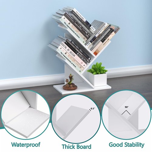 R RUISHENG 3 Tier Small Tree Bookshelf Storage Organizer Shelves Floor Standing Bookcase Desk Wood Storage Rack for Home Office Living Room Bedroom Display for Book Magazine CD manga Warm White